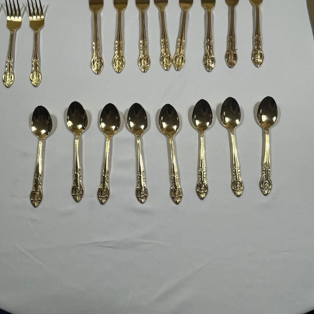 H.S. LTD Flatware Set Unisex 45pc Gold Ornate Floral Scroll Stainless Steel